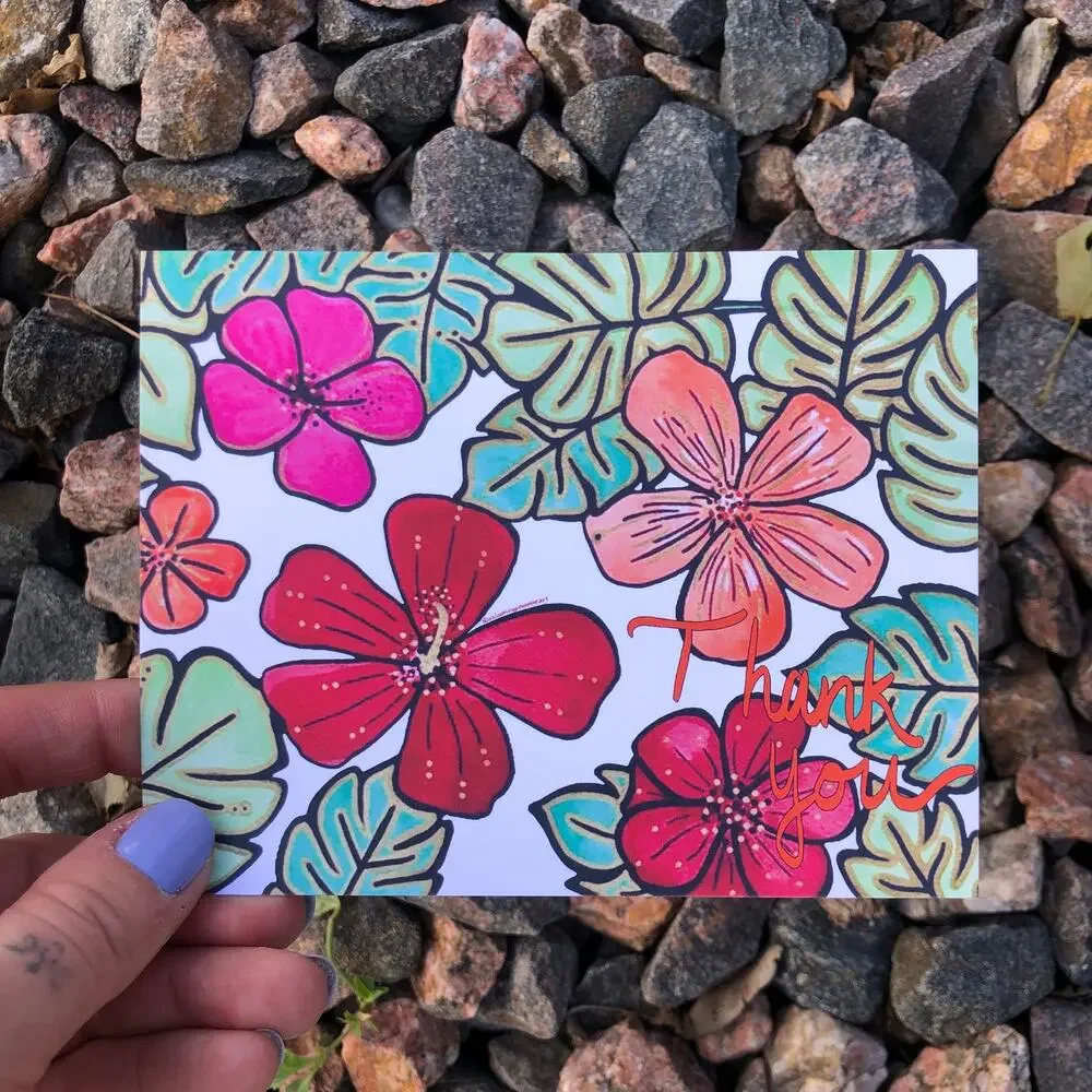Floral Thank You Note Card, Watercolor Hibiscus, Stationery, Tropical Flower